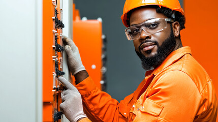 Worker in orange uniform, electric facility setup