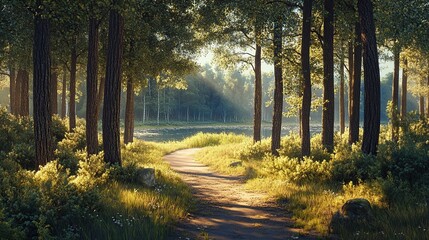 Obraz premium Serene forest path illuminated by sunlight.