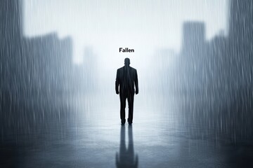 Obraz premium A silhouette of a man standing alone in the rain, conveying feelings of isolation and reflection.