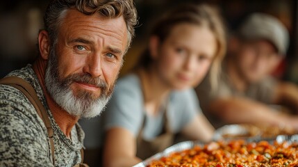 A man and a girl present a large tray of colorful food, with another person in the background.