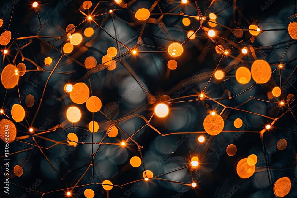 Poster a vibrant abstract depiction of glowing orange dots connected with dark lines, creating a captivatin