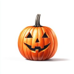 A vibrant carved pumpkin with a cheerful face against a white background, perfect for Halloween decorations.