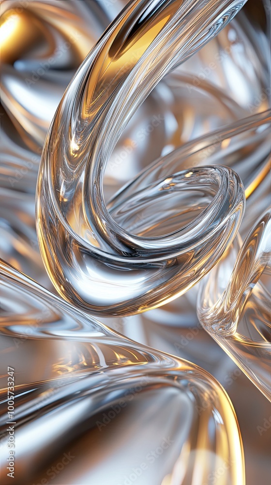Poster close-up abstract image featuring twisted glass shapes with captivating reflections and highlights, 