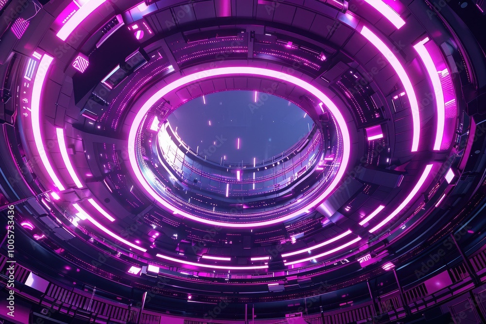 Poster futuristic circular architecture featuring vibrant purple lighting and sleek design, creating a dyna