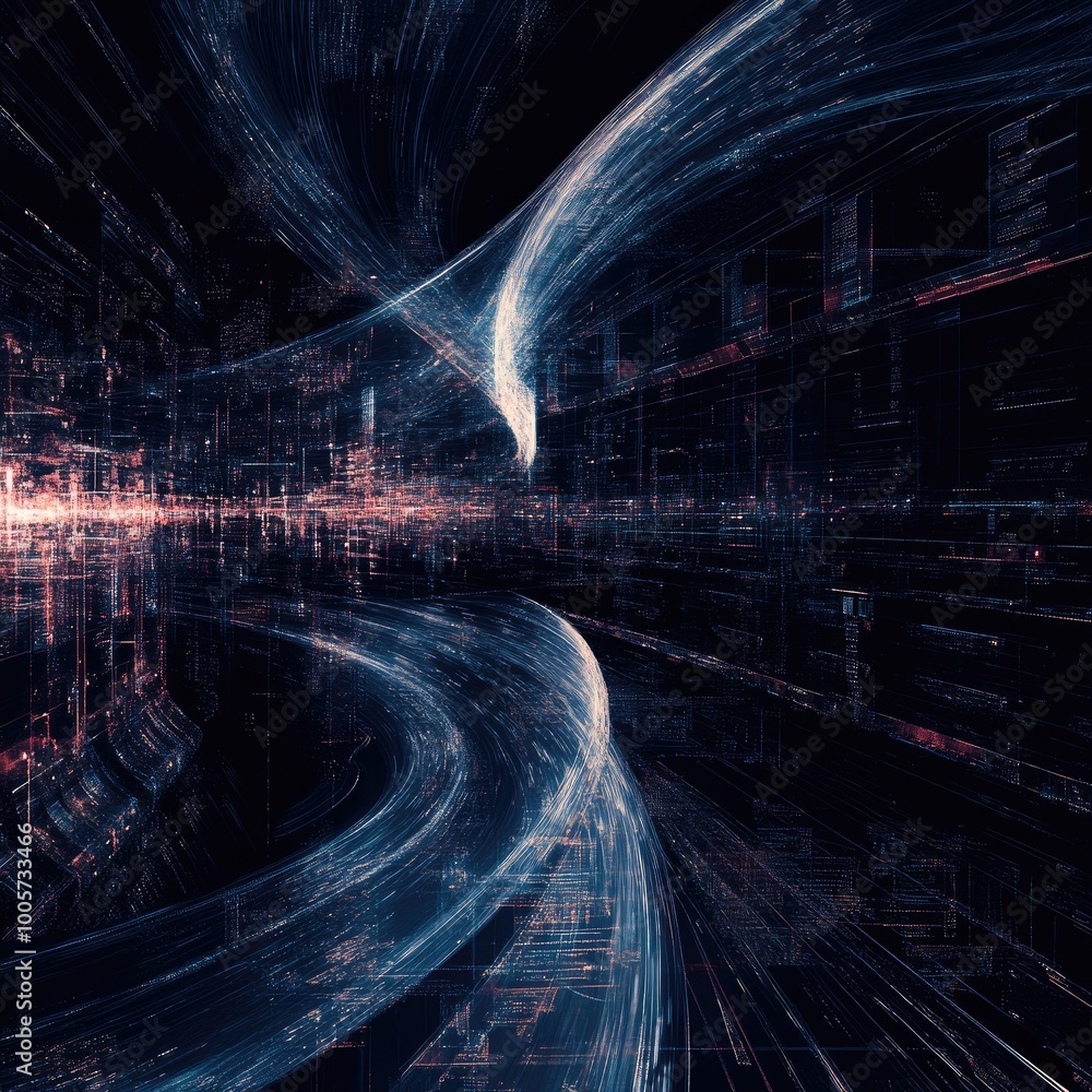 Poster futuristic digital landscape with flowing lines and vibrant light trails, creating a sense of depth 