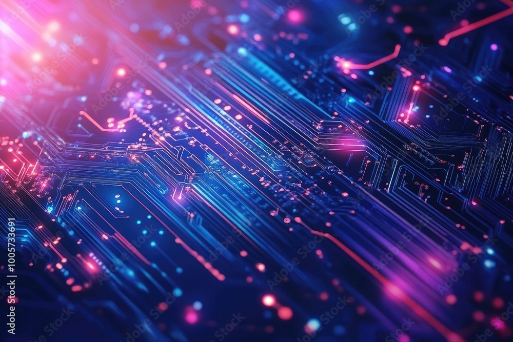 Poster vibrant abstract technology background with neon lights and intricate circuitry patterns, ideal for 