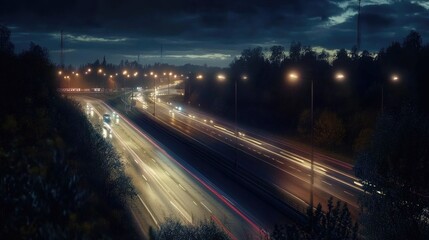 Nighttime Traffic on a Busy Highway with Lights