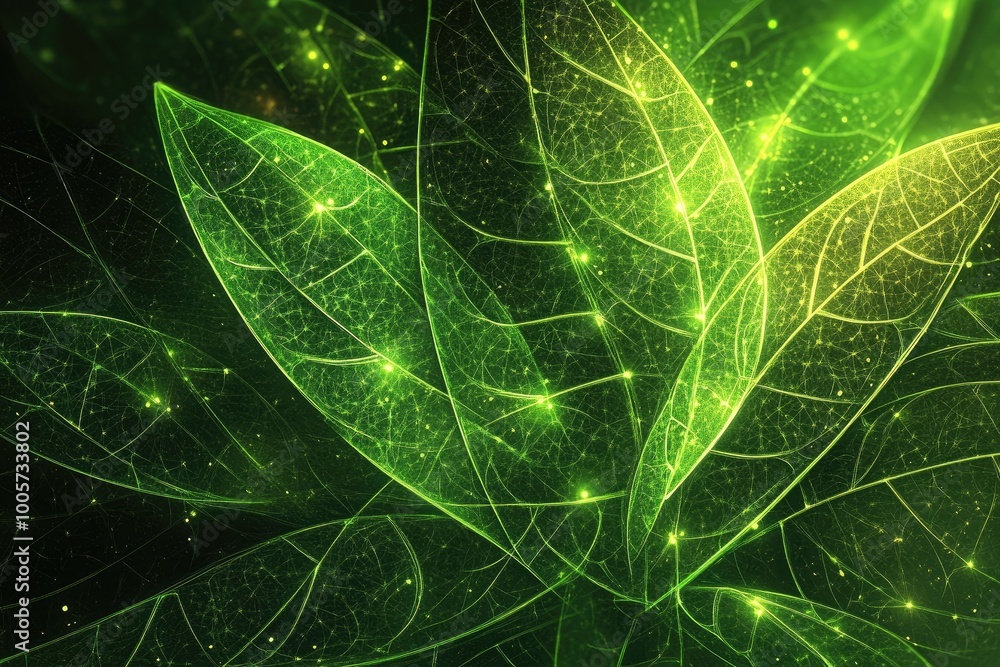 Poster vibrant green leaves illuminated with sparkling light, creating a captivating, natural backdrop for 