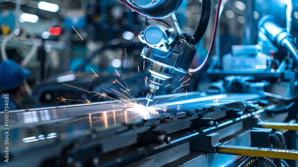 Poster a machine is cutting a car part with sparks flying