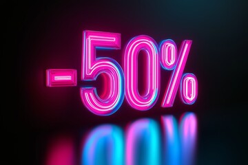 A neon pink and blue -50% sign glowing vibrantly on a dark surface with reflections