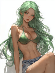 Anime girl with green hair in a sitting position and bikini costume