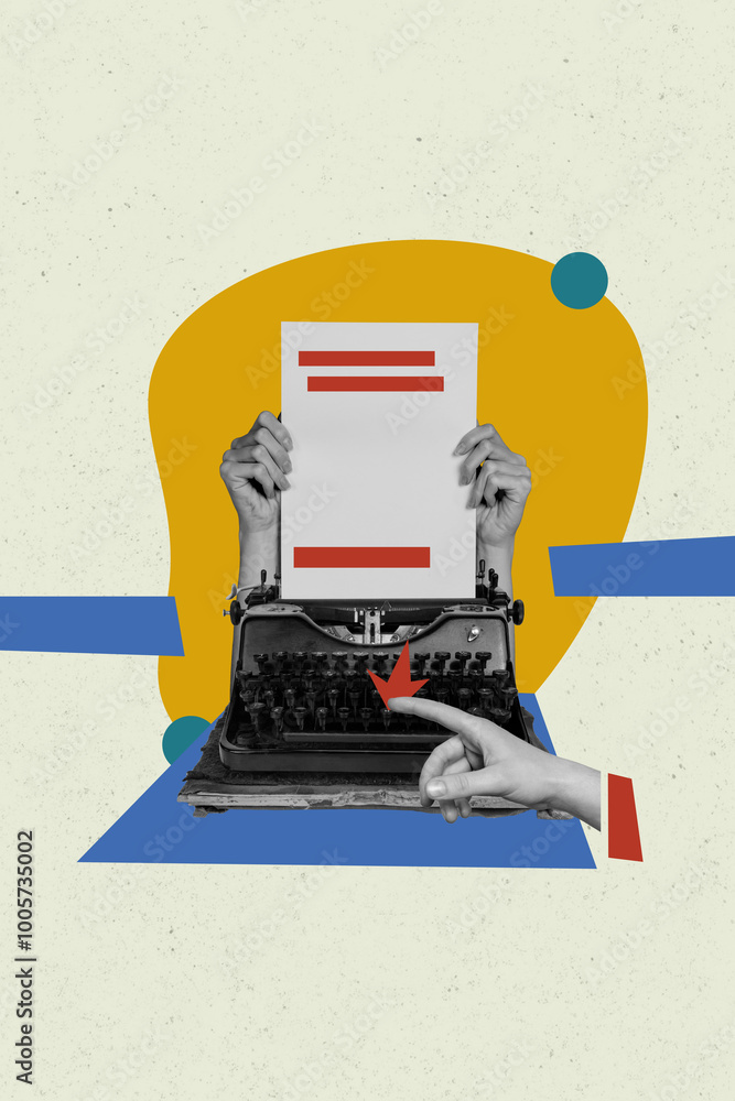 Fototapete vertical photo collage of hands type book story use typewriter machine push buttons letter print nov