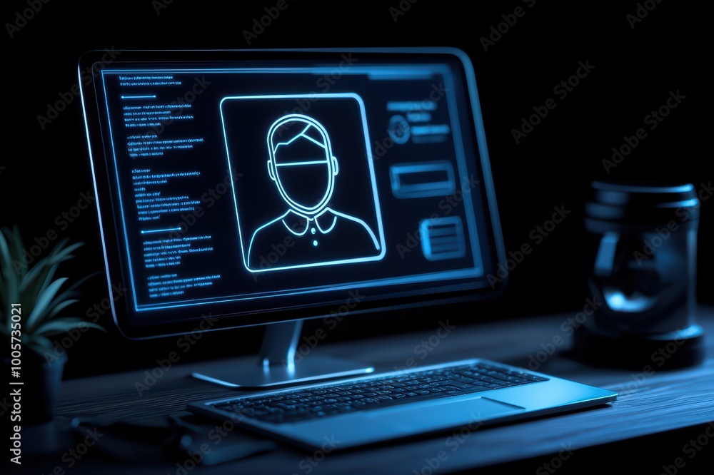 Poster computer monitor displaying a digital face outline in a dark room, emphasizing technology and innova