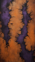 Rough, gritty texture background with a Halloween theme, dark and moody colors like deep orange, black, dark purple, and eerie green. Cracks, scratches, and uneven patches, use for graphic design.
