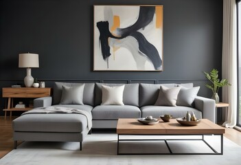 A modern living room with a gray sectional sofa, a wooden coffee table with decorative items, and a large abstract artwork on the wall.