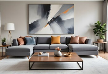 A modern living room with a gray sectional sofa, a wooden coffee table with decorative items, and a large abstract artwork on the wall.