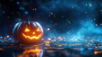 Fototapeta premium Halloween pumpkin lantern with ghost in night scary autumn forest. Spooky celebration background.