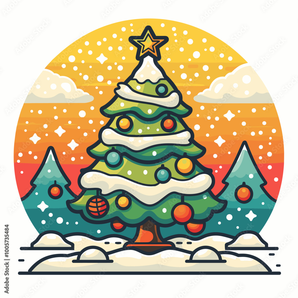 Poster a christmas tree with many ornaments is shown in a wintery scene. the tree is surrounded by trees an