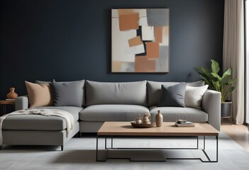 A modern living room with a gray sectional sofa, a wooden coffee table with decorative items, and a large abstract artwork on the wall.