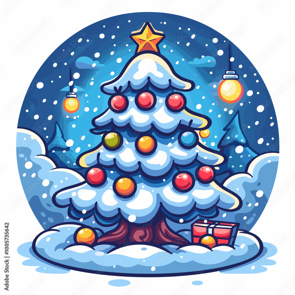 Poster a christmas tree with many ornaments is shown in a wintery scene. the tree is surrounded by trees an