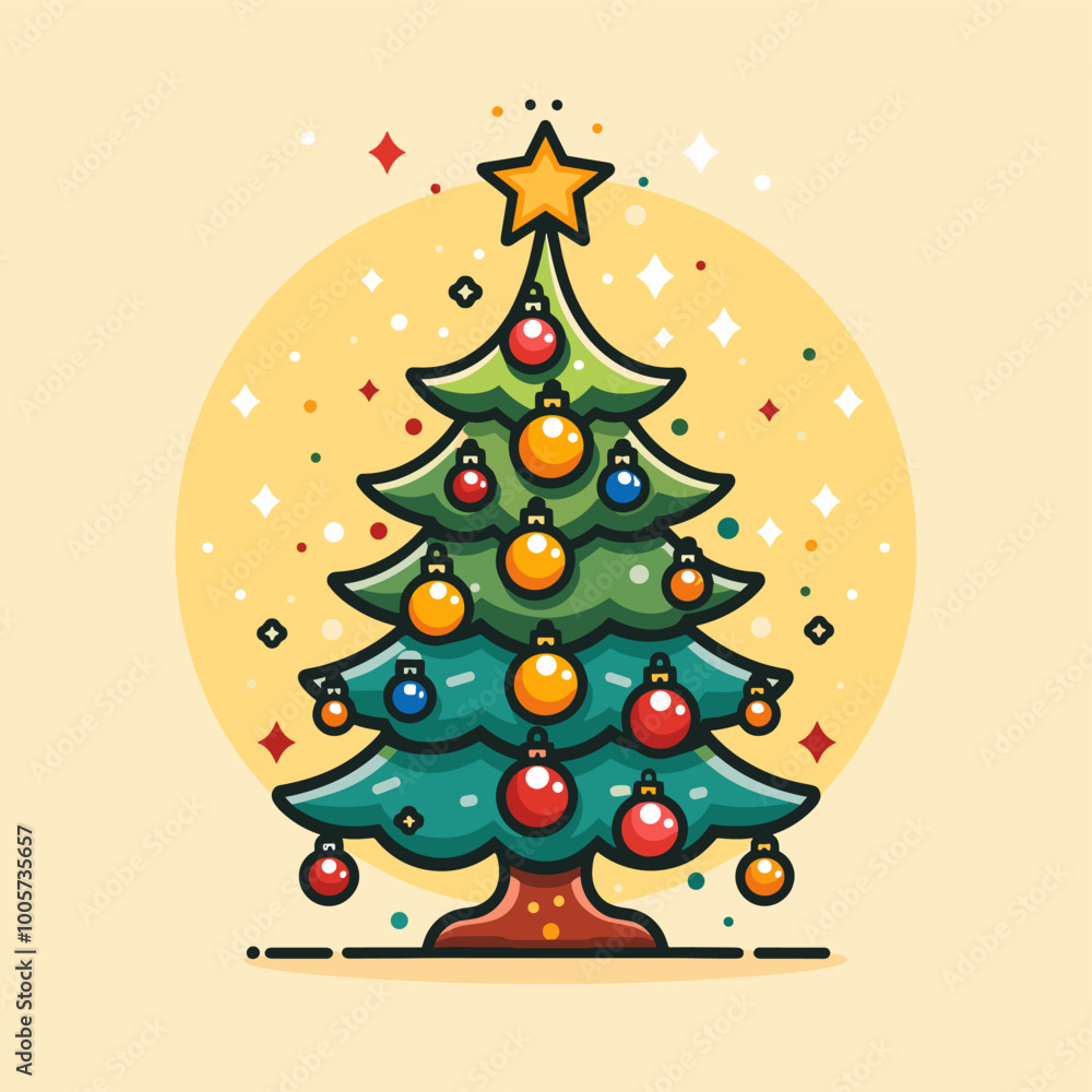 Poster a christmas tree with many ornaments is shown in a wintery scene. the tree is surrounded by trees an