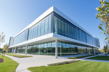 Naklejka premium A large building with a lot of windows and a green lawn in front. The building is white and has a modern design