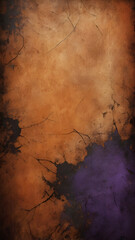 Rough, gritty texture background with a Halloween theme, dark and moody colors like deep orange, black, dark purple, and eerie green. Cracks, scratches, and uneven patches, use for graphic design.
