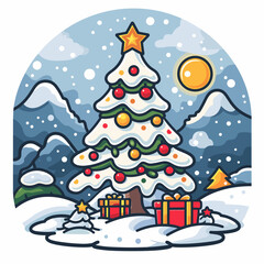Christmas tree with gift boxes. Merry Christmas and Happy New Year greeting card.