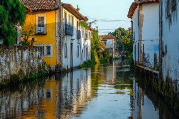 Obraz premium A canal with houses on either side. The canal is filled with water and the houses are yellow and white