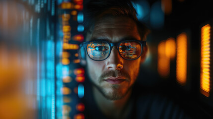 young man with glasses programming on computer screen, lines of code, science, programmer, scientist, future, boy, guy, artificial intelligence, hologram, developer, digital device, display