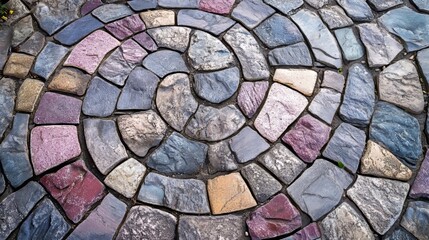 The patio is made of interlocking bricks and stones, arranged in a stylish, abstract design. The colors are mainly gray and pink.