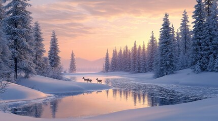 Serene winter landscape with deer by a river.