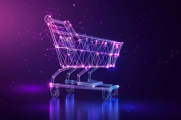 a digital purple shopping cart icon in low poly wireframe, evolution of E-Commerce Innovation, Virtual Experience, Future of Online Retail , Interactive Shopping Interfaces, smart inventory management