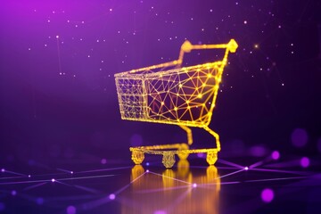 a digital purple shopping cart icon in low poly wireframe, evolution of E-Commerce Innovation, Virtual Experience, Future of Online Retail , Interactive Shopping Interfaces, smart inventory management