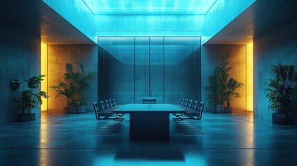 Modern boardroom with a long table, comfortable chairs, blue accents and green plants