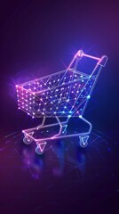a digital purple shopping cart icon in low poly wireframe, evolution of E-Commerce Innovation, Virtual Experience, Future of Online Retail , Interactive Shopping Interfaces, smart inventory management