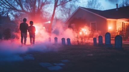 Fototapeta premium Two Silhouettes Standing in Foggy Graveyard at Night
