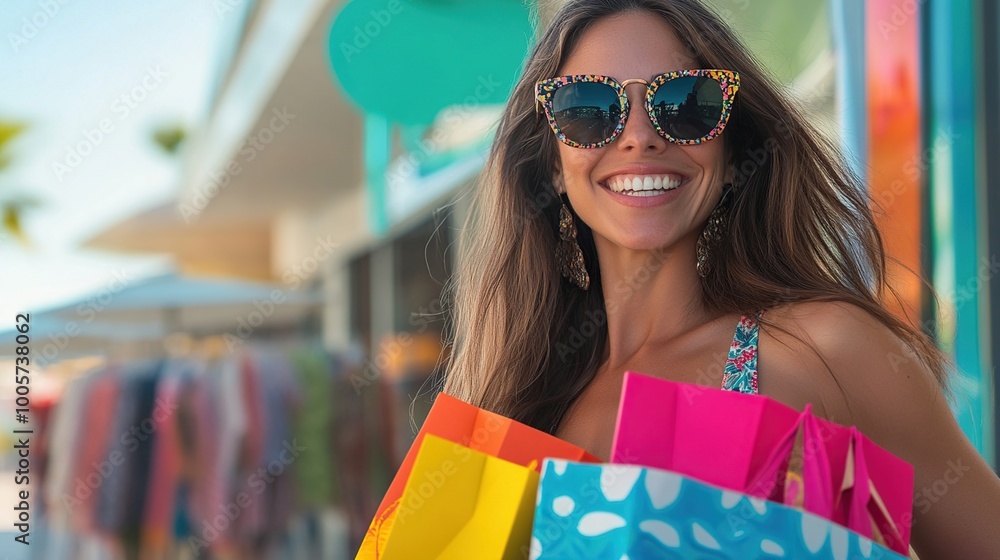 Wall mural Smiling woman shopping with colorful bags.