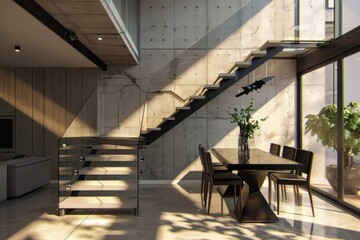 Obraz premium Modern Apartment Interior Design with Staircase and Furniture