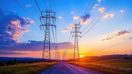 Scenic Sunset Over Power Lines and Open Fields
