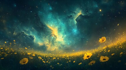 Deep Blue and Green Nebula in Space