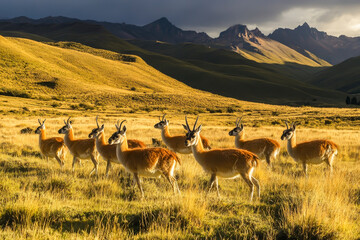 Naklejka premium A herd of animals are grazing in a field. The animals are brown and white. The field is full of grass
