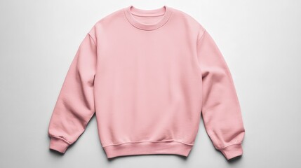 Pink crew neck sweatshirt flat lay on a white studio floor, smooth chest, no creases, styled with subtle sleeve folds, hyper-realistic detail.