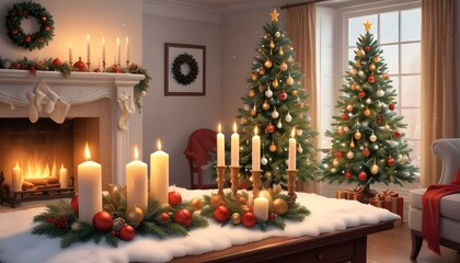 White lit candles surrounded by Christmas decorations, creating an elegant and serene holiday atmosphere, perfect for winter celebrations and festive decor