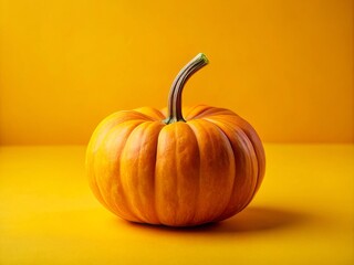 A vivid orange pumpkin rests against a sunny yellow background, inviting a sense of autumn charm. Ideal for