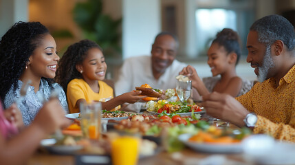 A family is sitting around a table with a variety of food, including a salad