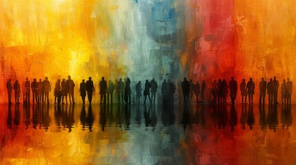 A dynamic image capturing the essence of a business meeting in a finance office, with executives gathered amidst abstract artwork featuring vibrant colors and bold designs, copy space