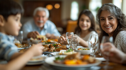 A family is sitting around a table with food and wine glasses