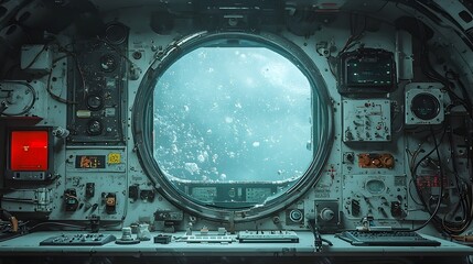 Fototapeta premium Tranquil window view from inside a submarine or spacecraft showcasing a small self sustaining ecosystem thriving in the background The verdant scene offers a calming