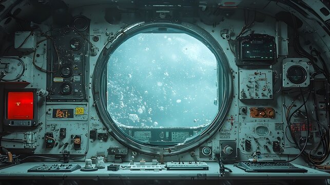 Tranquil window view from inside a submarine or spacecraft showcasing a small self sustaining ecosystem thriving in the background  The verdant scene offers a calming